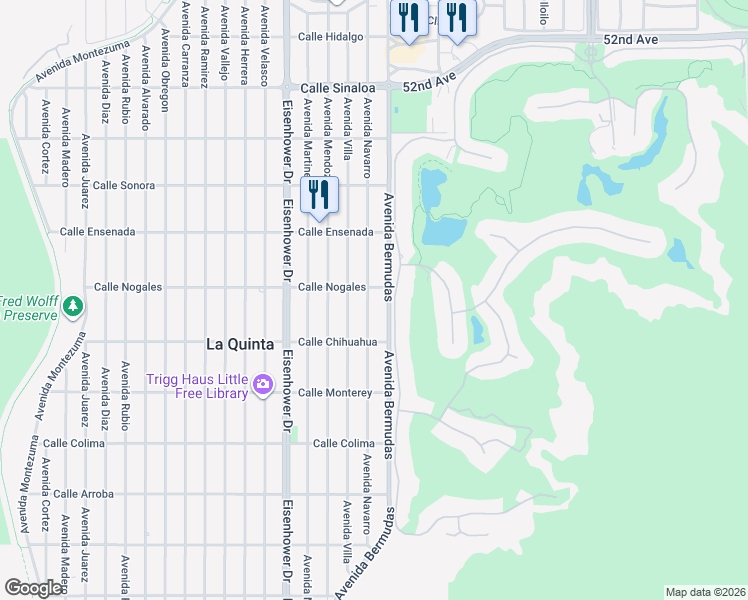 map of restaurants, bars, coffee shops, grocery stores, and more near 52800 Avenue Navarro in La Quinta