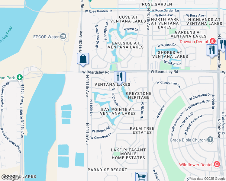 map of restaurants, bars, coffee shops, grocery stores, and more near 10750 West Escuda Drive in Sun City