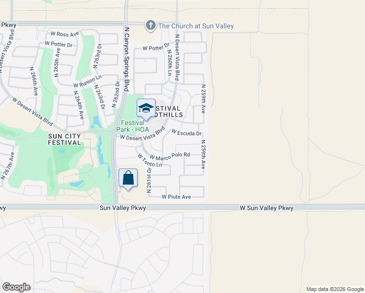 map of restaurants, bars, coffee shops, grocery stores, and more near 26011 West Wahalla Lane in Buckeye