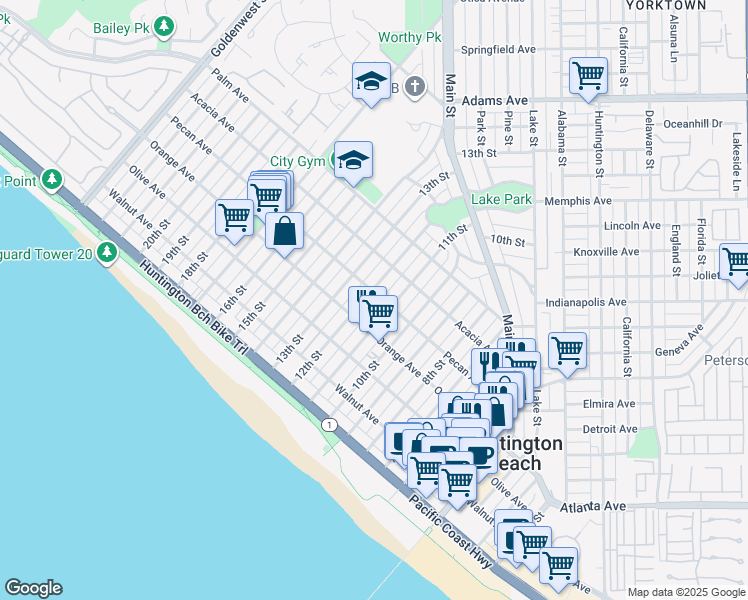 map of restaurants, bars, coffee shops, grocery stores, and more near 414 12th Street in Huntington Beach