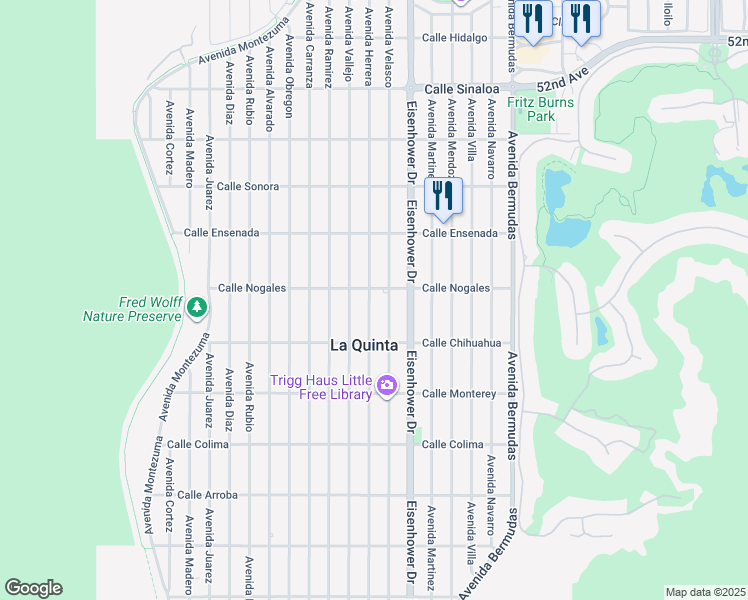map of restaurants, bars, coffee shops, grocery stores, and more near 52810 Avenue Herrera in La Quinta