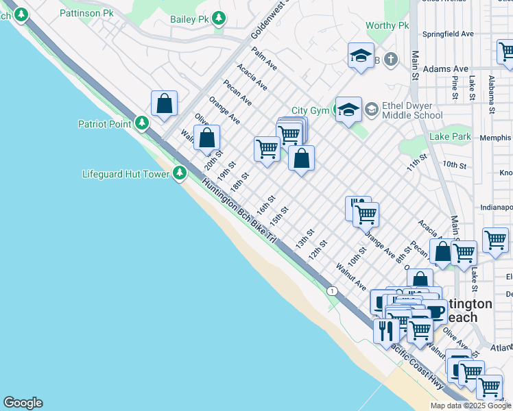 map of restaurants, bars, coffee shops, grocery stores, and more near in Huntington Beach