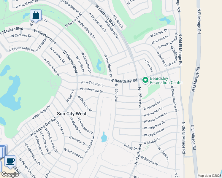 map of restaurants, bars, coffee shops, grocery stores, and more near 13002 West Jadestone Drive in Sun City West