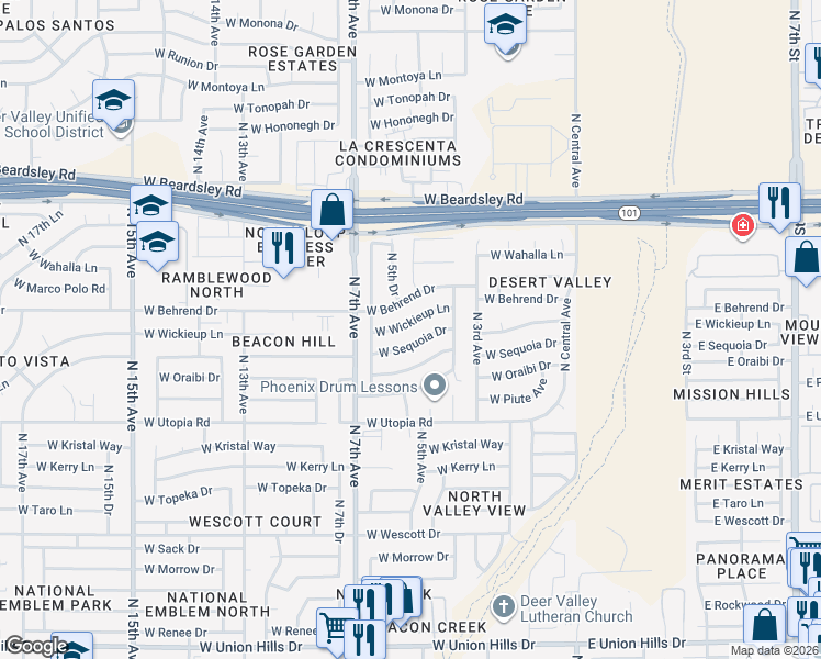 map of restaurants, bars, coffee shops, grocery stores, and more near 425 West Wickieup Lane in Phoenix