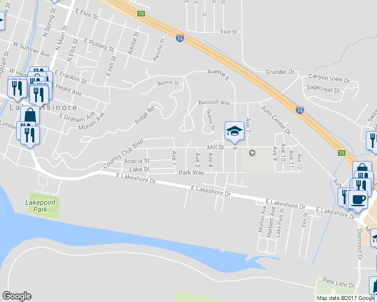 map of restaurants, bars, coffee shops, grocery stores, and more near 378 Avenue 2 in Lake Elsinore