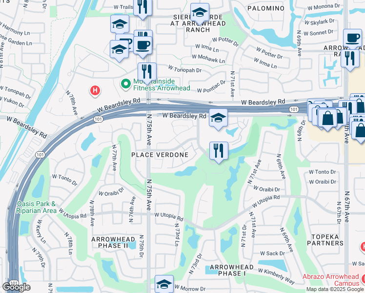 map of restaurants, bars, coffee shops, grocery stores, and more near 7401 West Arrowhead Clubhouse Drive in Glendale