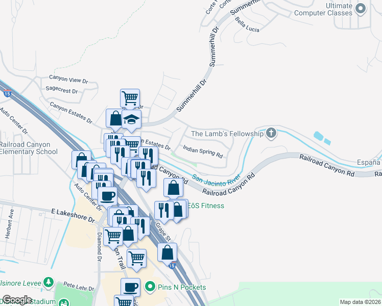 map of restaurants, bars, coffee shops, grocery stores, and more near 31728 Canyon Ridge Drive in Lake Elsinore