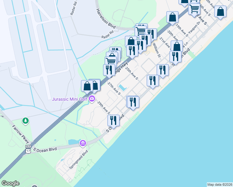 map of restaurants, bars, coffee shops, grocery stores, and more near 2716 South Key Largo Circle in Myrtle Beach