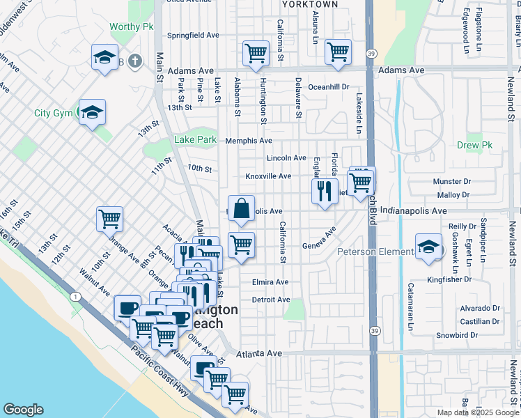 map of restaurants, bars, coffee shops, grocery stores, and more near 901 Huntington Street in Huntington Beach