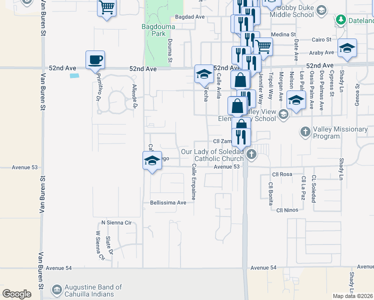 map of restaurants, bars, coffee shops, grocery stores, and more near 84626 Calle Diego in Coachella