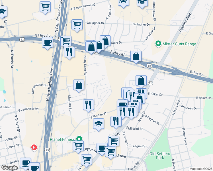 map of restaurants, bars, coffee shops, grocery stores, and more near 920 Boone Drive in Sherman