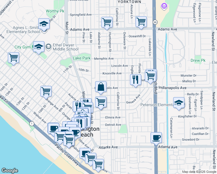map of restaurants, bars, coffee shops, grocery stores, and more near 901 Huntington Street in Huntington Beach
