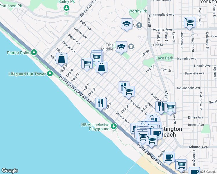 map of restaurants, bars, coffee shops, grocery stores, and more near 316 14th Street in Huntington Beach