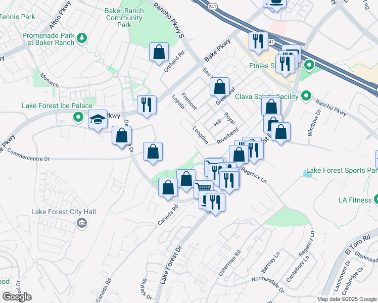 map of restaurants, bars, coffee shops, grocery stores, and more near 26210 Enterprise Way in Lake Forest