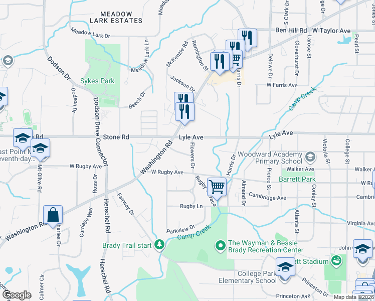 map of restaurants, bars, coffee shops, grocery stores, and more near 3333 Flowers Drive in College Park