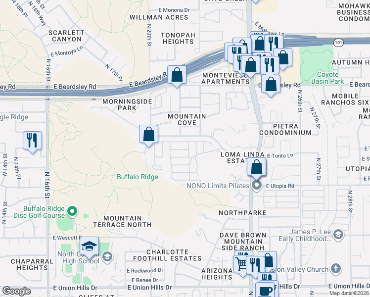 map of restaurants, bars, coffee shops, grocery stores, and more near 2233 East Behrend Drive in Phoenix