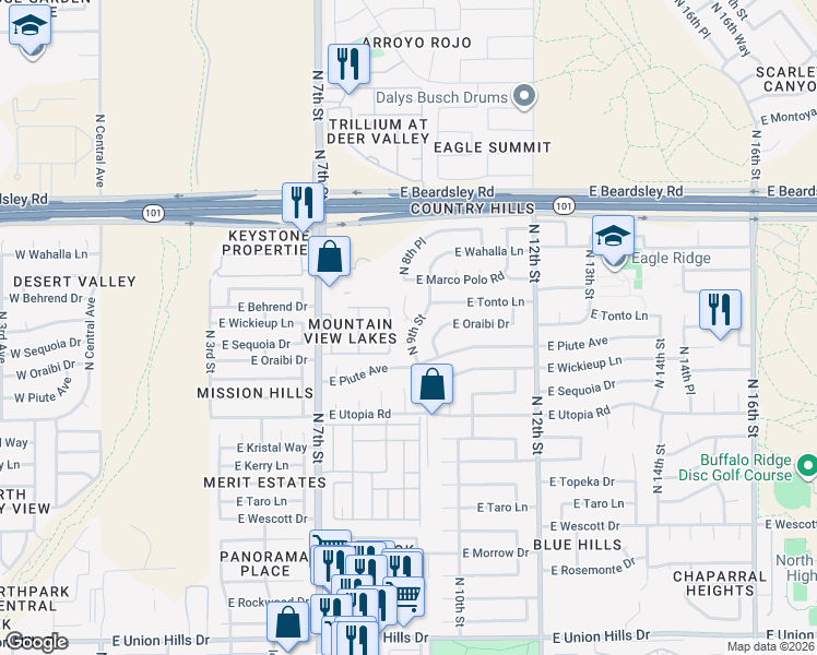 map of restaurants, bars, coffee shops, grocery stores, and more near 19619 North 9th Street in Phoenix