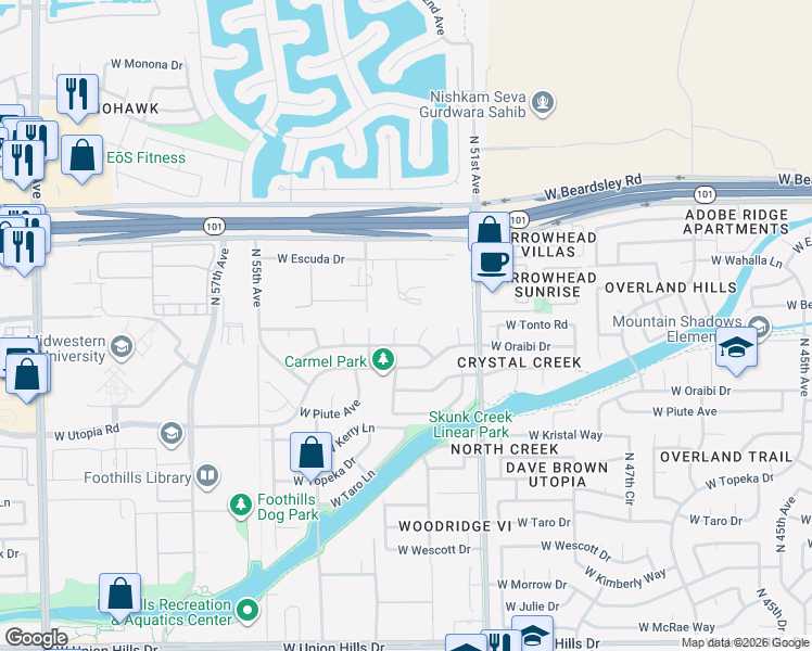 map of restaurants, bars, coffee shops, grocery stores, and more near 19715 North 52nd Avenue in Glendale