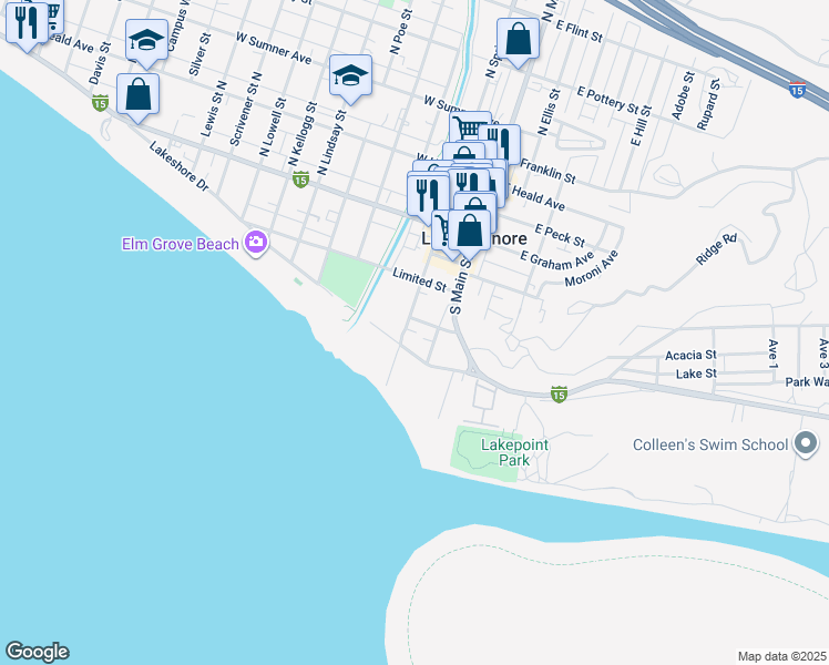 map of restaurants, bars, coffee shops, grocery stores, and more near 105 Lakeshore Drive in Lake Elsinore