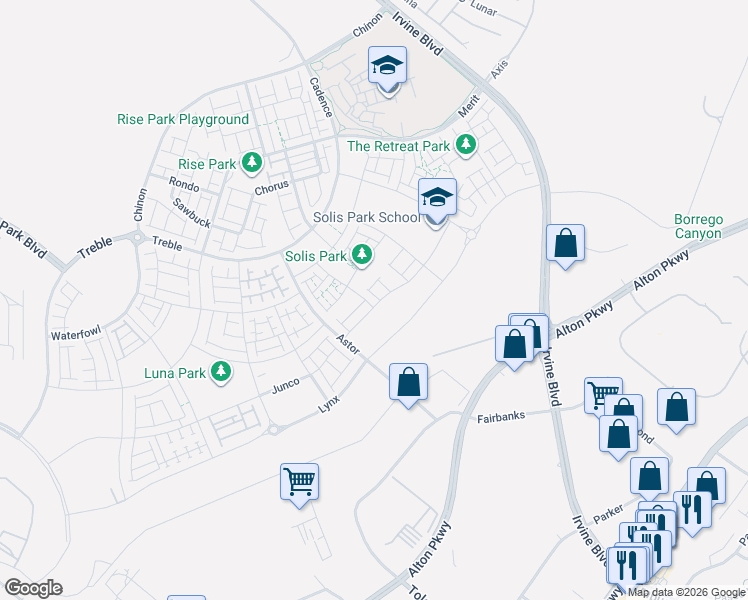 map of restaurants, bars, coffee shops, grocery stores, and more near Z Street in Irvine