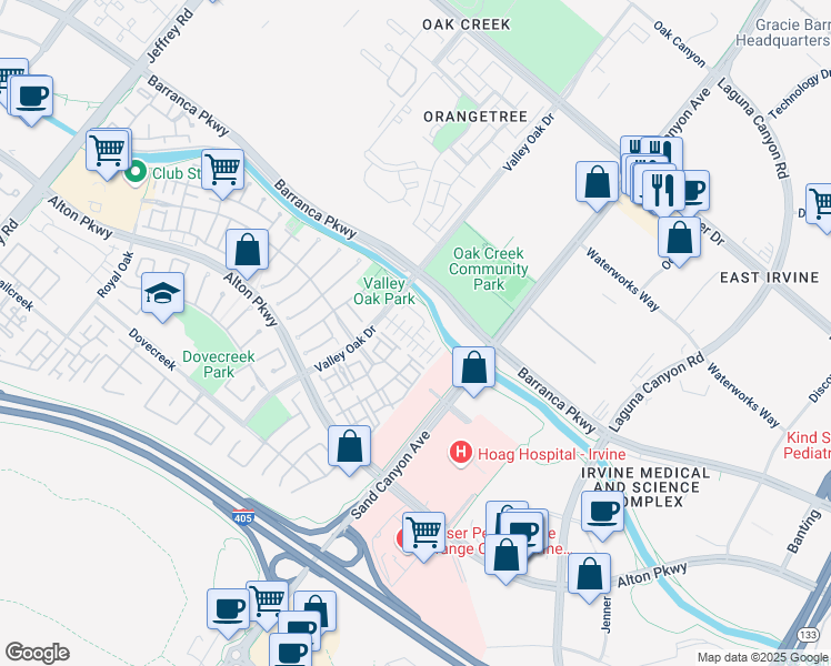 map of restaurants, bars, coffee shops, grocery stores, and more near 54 Alevera in Irvine