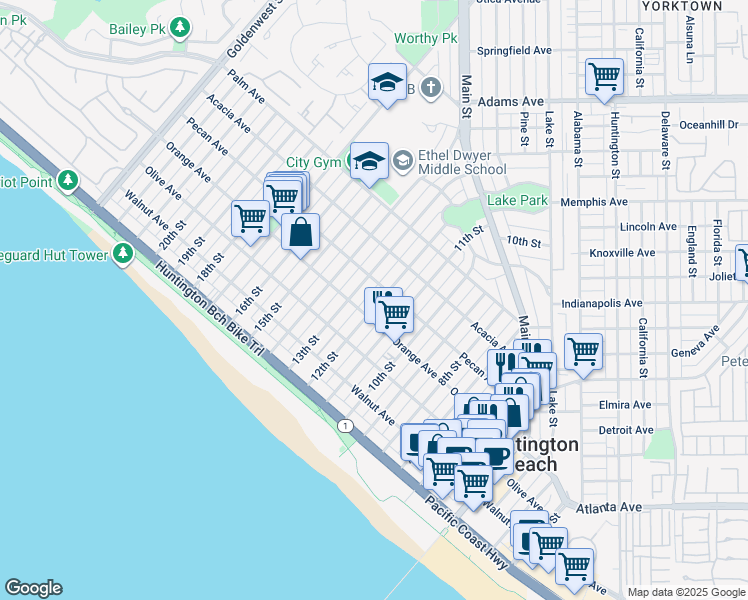 map of restaurants, bars, coffee shops, grocery stores, and more near 414 12th Street in Huntington Beach
