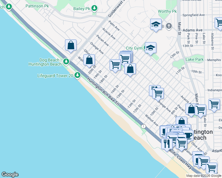 map of restaurants, bars, coffee shops, grocery stores, and more near in Huntington Beach