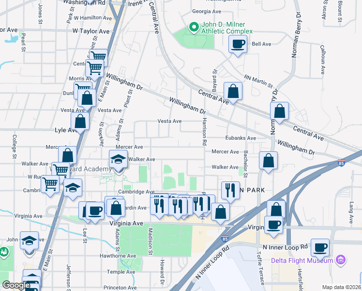 map of restaurants, bars, coffee shops, grocery stores, and more near 1452 Mercer Avenue in Atlanta