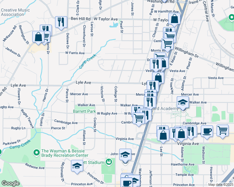 map of restaurants, bars, coffee shops, grocery stores, and more near 3341 College Street in College Park