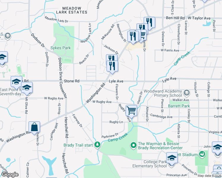 map of restaurants, bars, coffee shops, grocery stores, and more near 2339 Young Drive in College Park