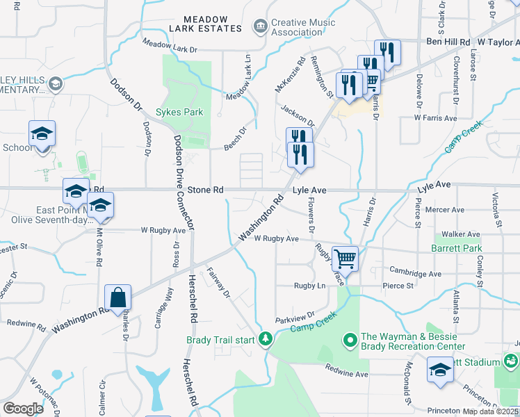 map of restaurants, bars, coffee shops, grocery stores, and more near 3353 Washington Road in Atlanta