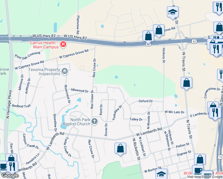 map of restaurants, bars, coffee shops, grocery stores, and more near 2911 Canterbury Circle in Sherman