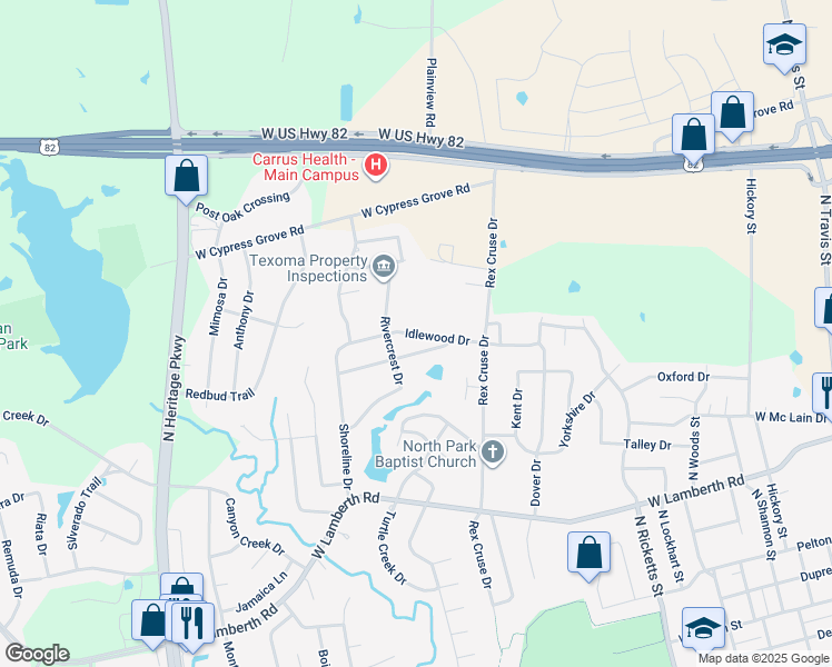 map of restaurants, bars, coffee shops, grocery stores, and more near 1503 Andy Drive in Sherman