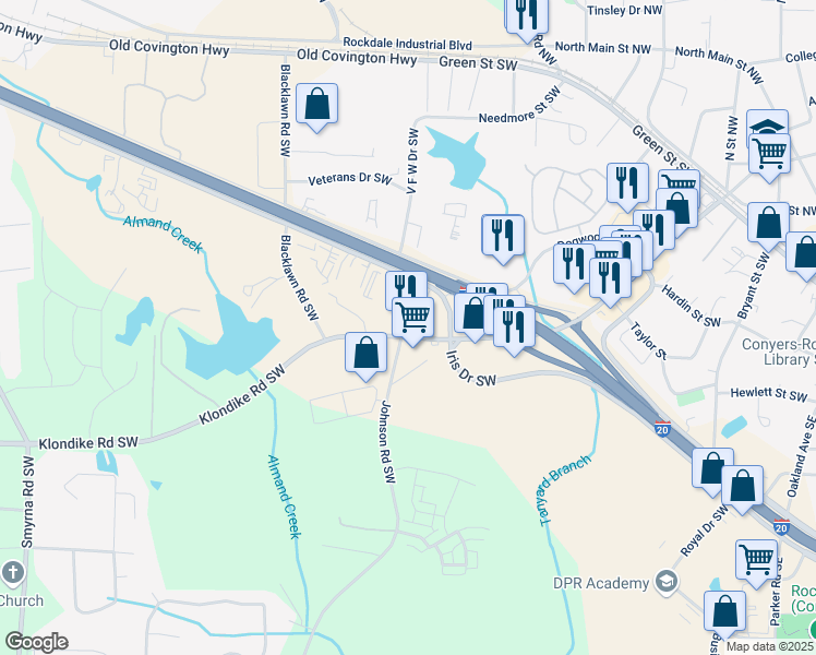 map of restaurants, bars, coffee shops, grocery stores, and more near 1435 Klondike Road Southwest in Conyers