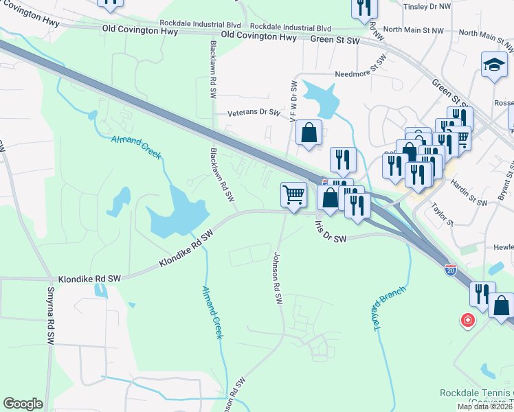 map of restaurants, bars, coffee shops, grocery stores, and more near 1491 Klondike Road Southwest in Conyers