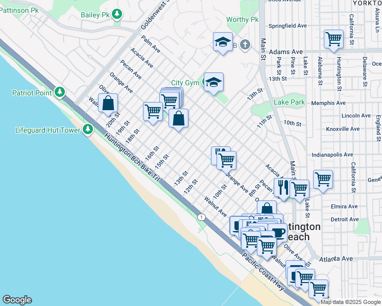 map of restaurants, bars, coffee shops, grocery stores, and more near 316 14th Street in Huntington Beach