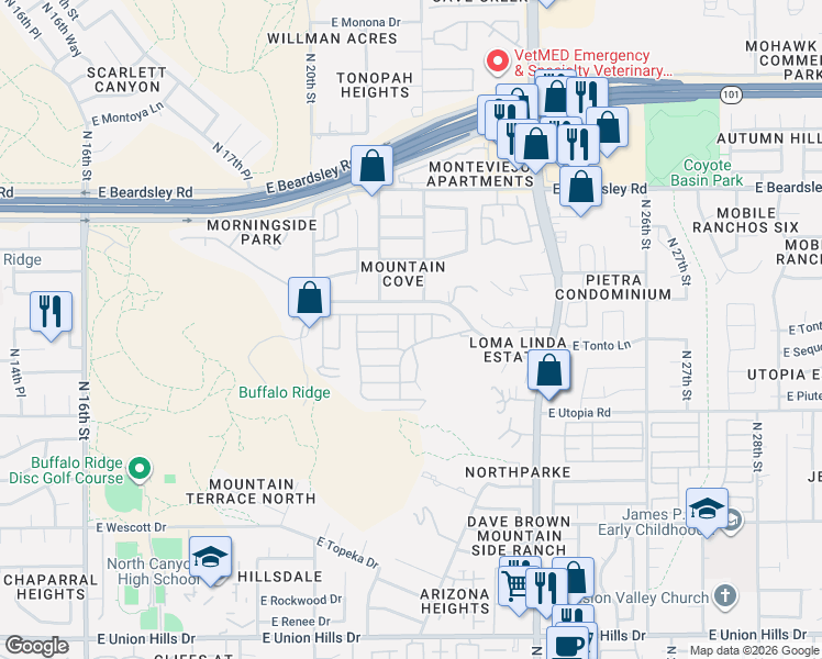 map of restaurants, bars, coffee shops, grocery stores, and more near 2233 East Behrend Drive in Phoenix