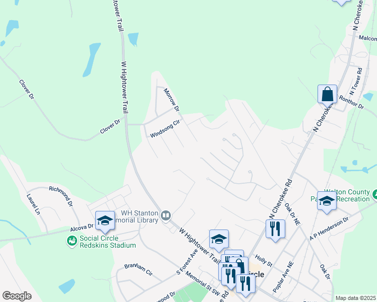 map of restaurants, bars, coffee shops, grocery stores, and more near 255 Park Place Trail in Social Circle