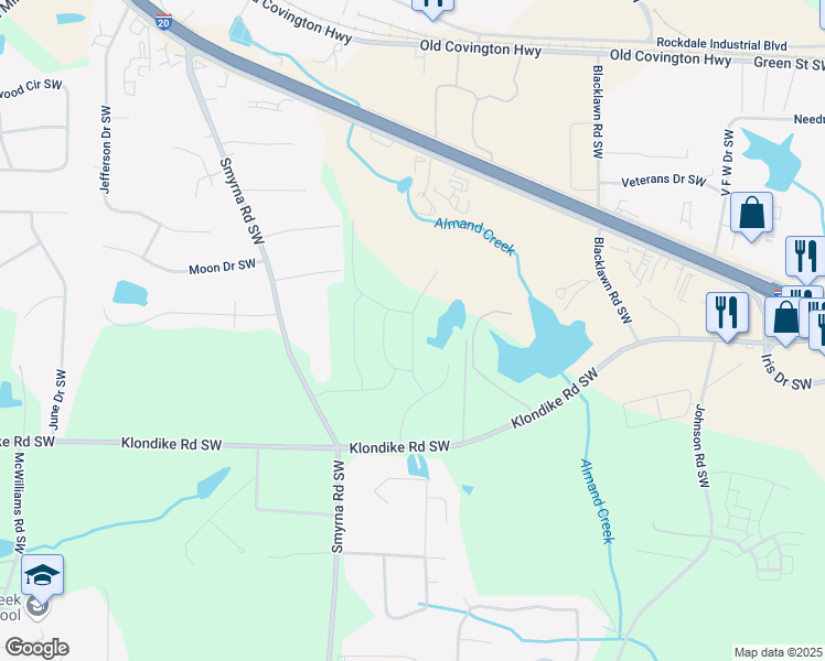 map of restaurants, bars, coffee shops, grocery stores, and more near Whispering Pines Avenue in Rockdale County