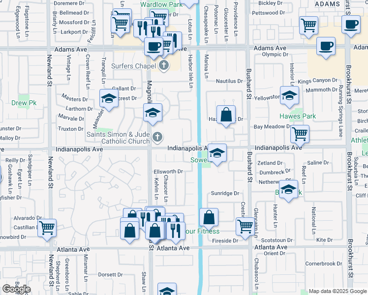 map of restaurants, bars, coffee shops, grocery stores, and more near 20541 Minerva Lane in Huntington Beach