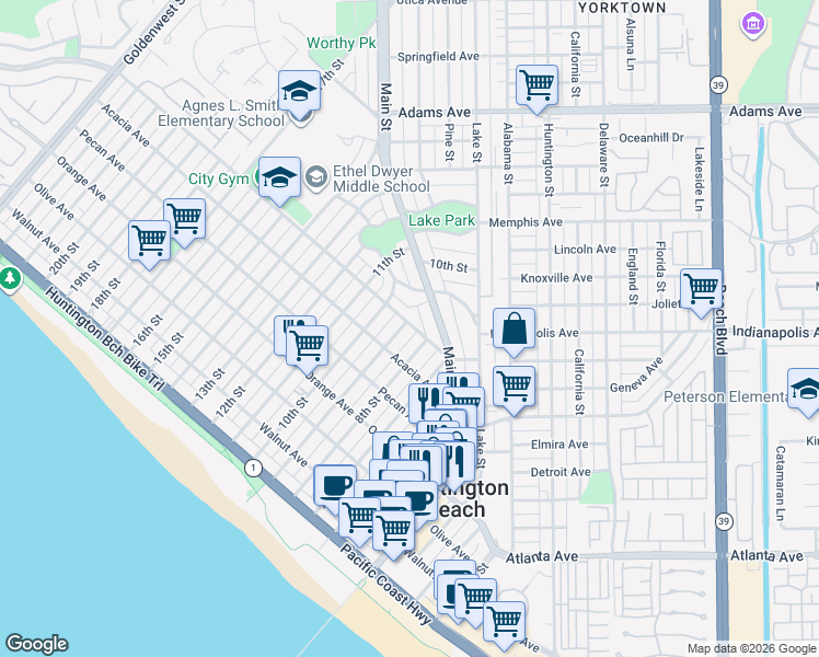 map of restaurants, bars, coffee shops, grocery stores, and more near 626 9th Street in Huntington Beach