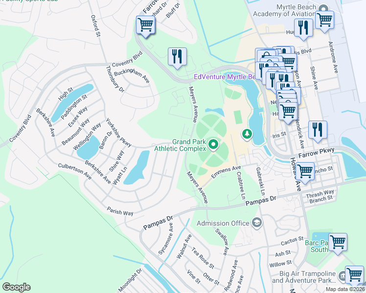 map of restaurants, bars, coffee shops, grocery stores, and more near 1926 Parish Way in Myrtle Beach