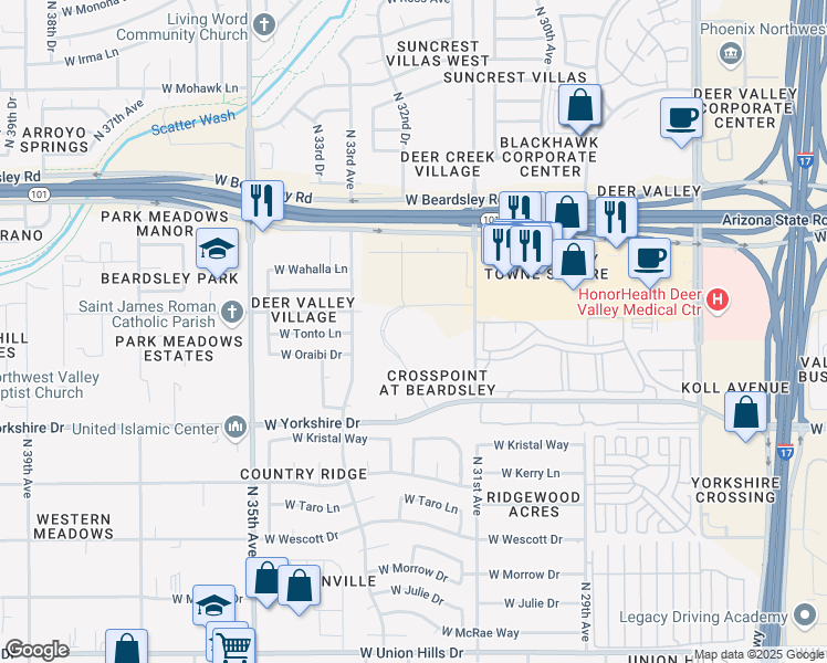 map of restaurants, bars, coffee shops, grocery stores, and more near 3151 West Behrend Drive in Phoenix