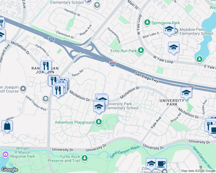 map of restaurants, bars, coffee shops, grocery stores, and more near 9 Lancewood Way in Irvine