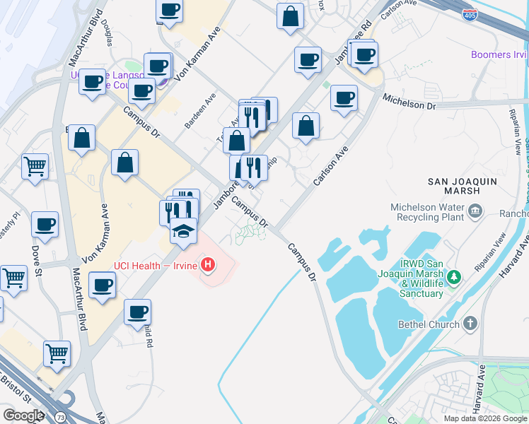 map of restaurants, bars, coffee shops, grocery stores, and more near 2230 Watermarke Place in Irvine