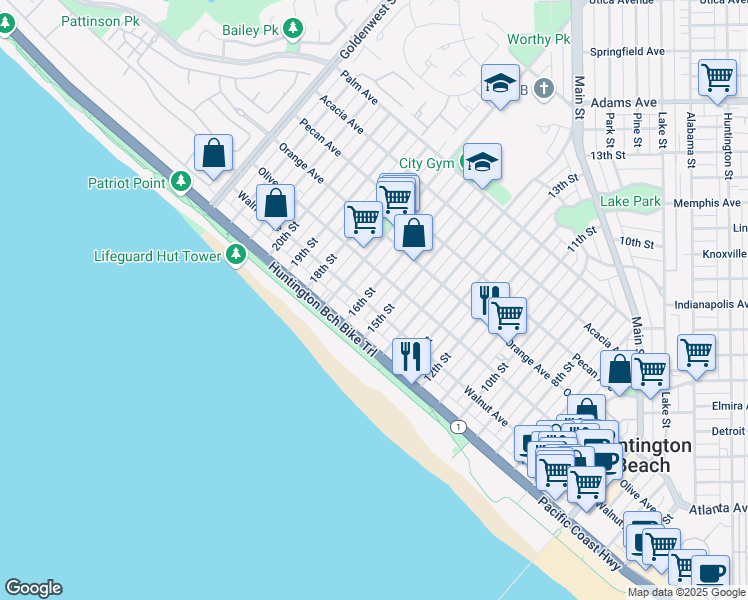 map of restaurants, bars, coffee shops, grocery stores, and more near 206 16th Street in Huntington Beach