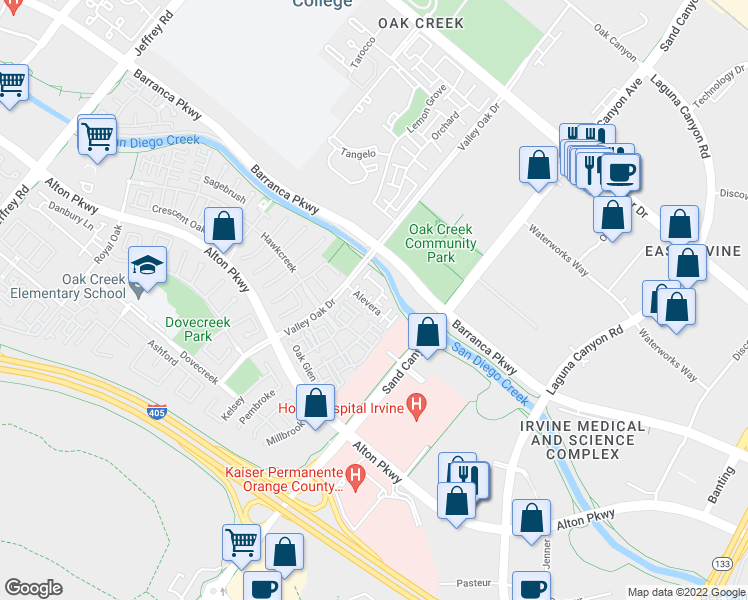map of restaurants, bars, coffee shops, grocery stores, and more near 54 Alevera in Irvine