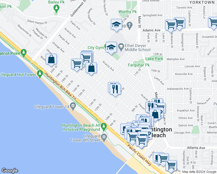 map of restaurants, bars, coffee shops, grocery stores, and more near 406 13th Street in Huntington Beach