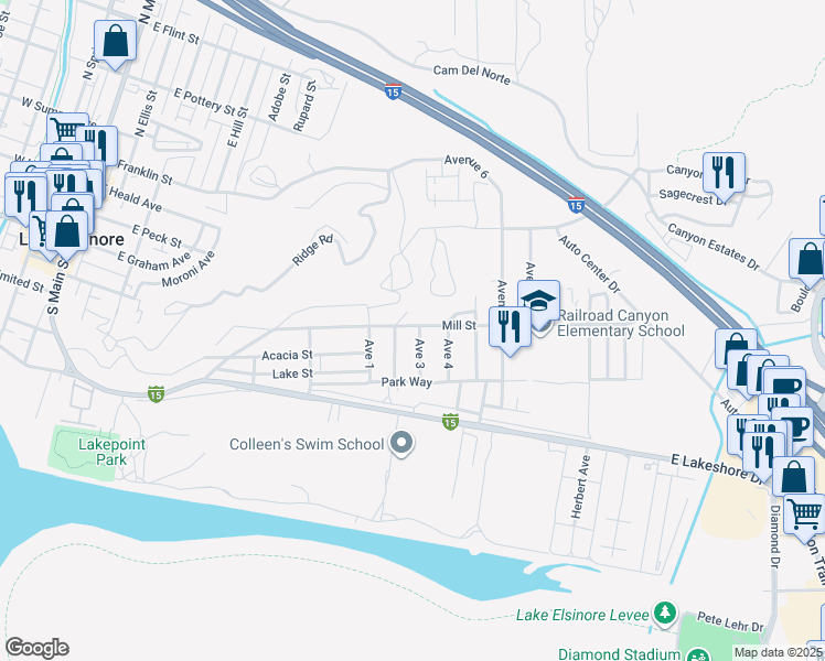 map of restaurants, bars, coffee shops, grocery stores, and more near 389 Avenue 3 in Lake Elsinore