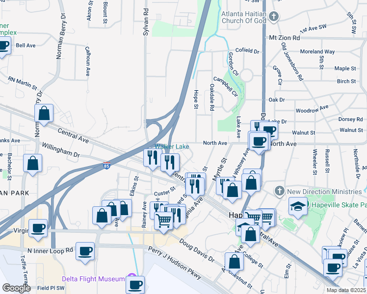 map of restaurants, bars, coffee shops, grocery stores, and more near 3272 Stillwood Drive in Hapeville